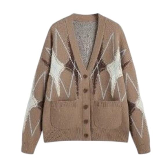 Cider Khaki Argyle Knit Grandpa Cardigan Sweater V-Neck Preppy Aesthetic M NWT - Picture 1 of 9